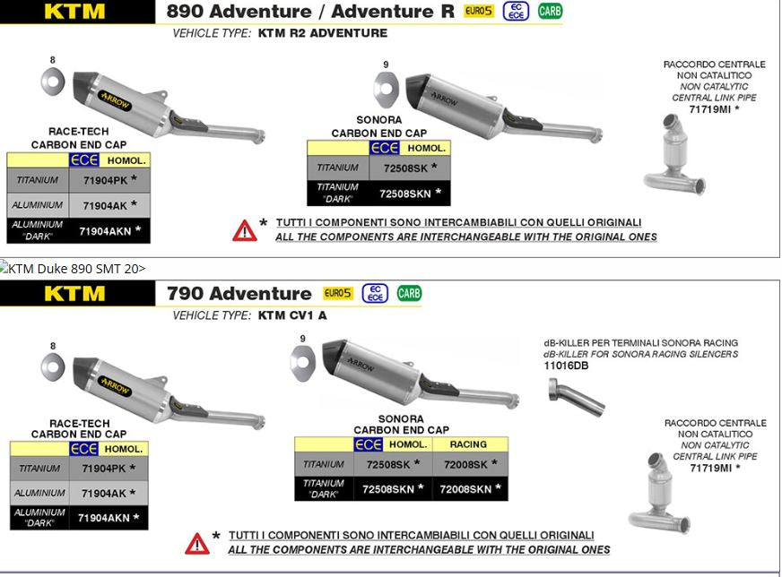 ARROW 71719MI Central Link Pipe - Stainless steel Non-Cat KTM 790 / 890 models and HUSQVARNA Norden 901 and CFMOTO 800 MT