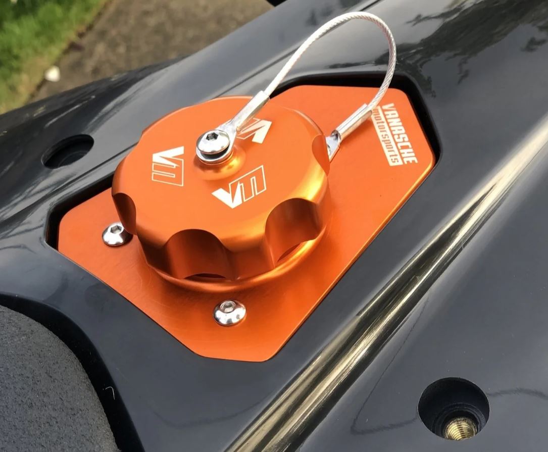 Vanasche Motorsports 2019 KTM 690 fuel filler neck CNC (Black or Orange)