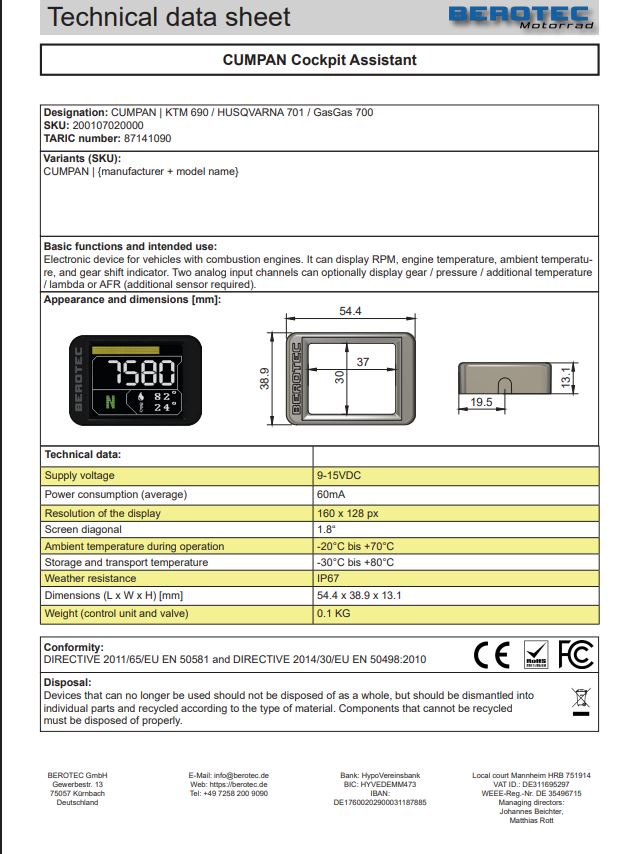 2nd Generation Berotec Digital Tacho/Gear indicator/Gear shift flash& Engine temp dash panel for EXC/FE